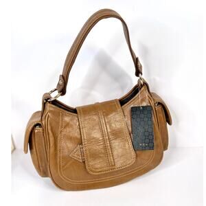 MNG Ladies Cowhide Leather Handbag/ Brown/ Clasp Closure